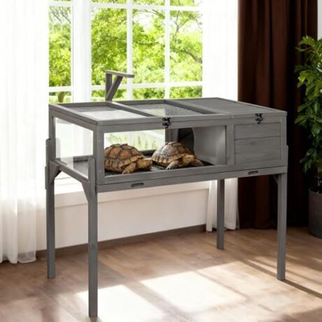GEGURI Tortoise Habitat Indoor & Outdoor, Wooden Tortoise House with Detachable Legs, Reptile Cage for Small Animals