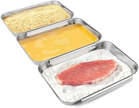 HULISEN Set of 3 Breading Pans, Stainless Steel Breading Set for Marinating Meat, Chicken, Fish, Food Prep Trays, Coating Trays Can Be Used to Baking Cake, Oven Safe