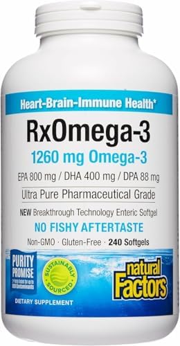 Natural Factors, RxOmega-3 Fish Oil, Pharmaceutical Grade, 1260 mg Omega-3 Per Serving, No Fishy Aftertaste, 240 Count (Pack of 1)