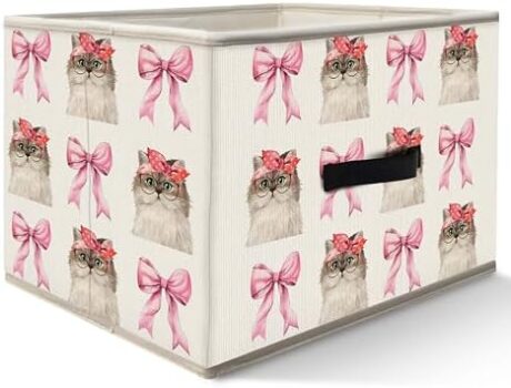Nogrit Coquette Pink Bow Cat Storage Bins Box, Toybox for Girls, Preppy Cute Cat Kitten Foldable Baskets Organizer Container with Handles for Kids Girls Bedroom Bathroom Clothes Toys Books