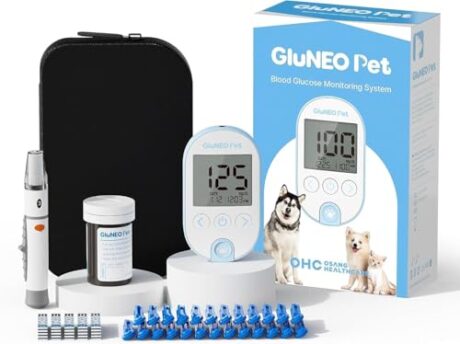 OHC GluNEO Pet Blood Glucose Monitoring System for Cats and Dogs – Accurate & Easy Testing Complete Set – Includes Wireless Meter, Lancing Device, 25 Test Strips, 25 Lancets, Soft Case