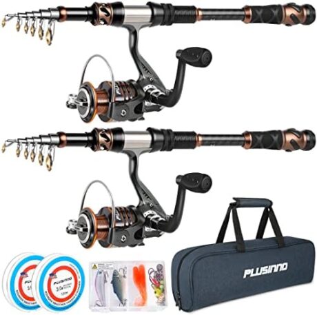 PLUSINNO Fishing Rod and Reel Combos - Carbon Fiber Telescopic Fishing Pole - Spinning Reel 12 +1 Shielded Bearings Stainless Steel BB