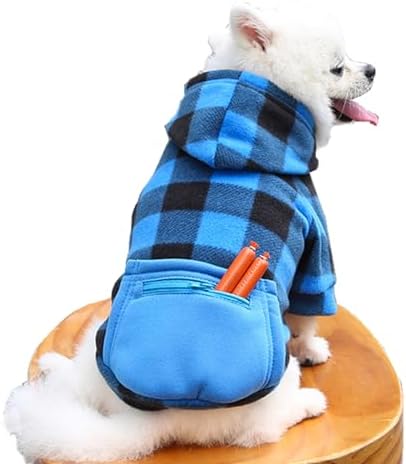 Plaid Dog Hoodie for Small Medium Large Dogs with Zipper Pocket,Fleece Dog Cat Christmas Outfit Winter Clothes,Christmas Puppy Cat Sweaters for Dogs Cats 1~90lbs(Blue,S)