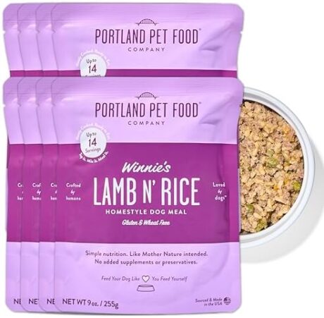 Portland Pet Food Company Fresh Dog Food Pouches - Human-Grade Toppers Wet Pet Meal & Mixers - Gluten-Free Limited Ingredient Winnie's Lamb N' Rice - Large & Small Breed Puppy & Senior Dogs - 8 Pack