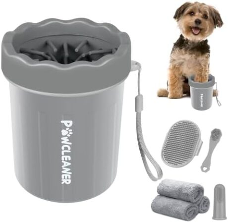 Professional 7 in 1 Dog Paw Cleaner for Dogs & Cats - Includes 1 Portable Paw Washer, 1 Bath Brush, 2 Dog Toothbrushes and 3 Absorbent Towels Note: Fits Paws up to 2 Inches Wide (Small, Grey)
