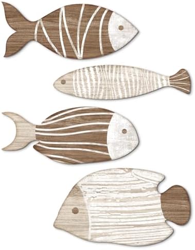 Putuo Decor 4 Pcs Wooden Fish Wall Decor Beach Nautical Coastal Theme Fish Wall Sculpture Lake House Ocean Decor Vintage Ornaments for Home Bathroom Bedroom