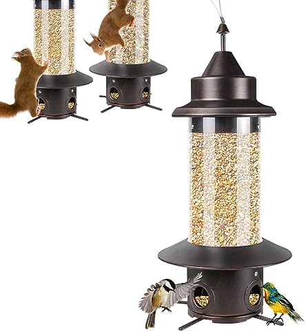 Squirrel Proof Bird Feeders for Outside：Outdoors Hanging Metal Tubes Bird Feeding 5LB Seeds Capacity Bird Feeders Heavy Duty 4 Feeding Ports Chew-Proof Wild Birds Feeder for Garden Yard Decoration