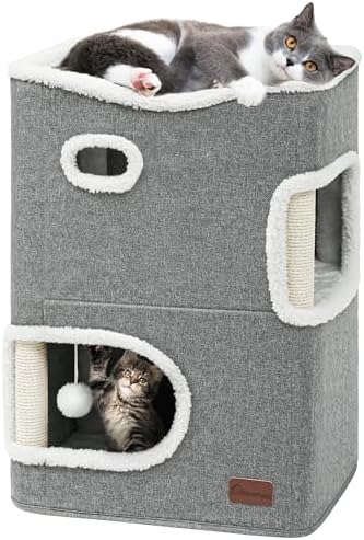 YITAHOME 2 Storey Cat House, Cat Beds for Indoor Cats, Small Cat Condo with Scratch Post and Hideaway Cave, Modern Cat Cube Playhouse for Multi Kittens, Classic Style, Grey