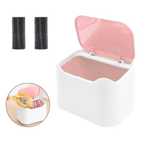 kathson Cat Litter Trash Can with Press Type Lid, Smell Proof Cat Poop Mini Bin with Bags, Cat Litter Scoop Holder Detachable Trash Container(White-Pink)