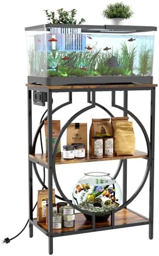 10 Gallon Aquarium Stand with Power Outlet, 3 Tier Heavy Duty Metal Fish Tank Stand with Storage, Fish Tank Table for Home Office, 21.3" x 11.8" x 29", Rustic Brown