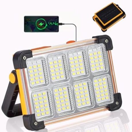 120W LED Solar Work Light, 144 LED 10000LM Portable Flood Light with Stand, 4 Modes Rechargeable, IP65 Waterproof Outdoor Working Light for Camping, Fishing, Car Repair & Mechanics (1)