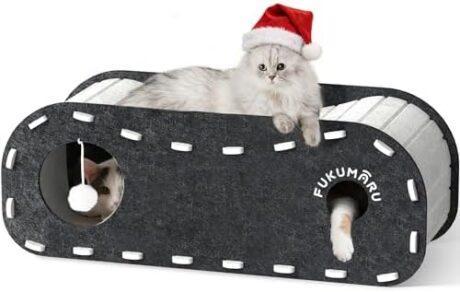 FUKUMARU Cat Beds for Indoor Pets, 31.5 Inches Extra-Large Cat Cave for Multi-Pet, Cozy House with Fluffy Ball Hanging, Scratch Resistant Felt Kitten Hideaway Bed, Feline Tunnel, Grey