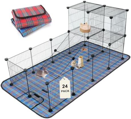 24 Panels Large Guinea Pig Loft Playpen, Indoor Outdoor C&C Small Animal Cage, Pet Playpen with Waterproof Mat, 12 X 12 Inch Interior Metal Wire Yard Fence for Guinea Pigs, Bunny, Hedgehog, Chinchilla