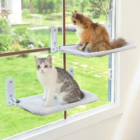 2PC Cat Window Perch Cordless Foldable Cat Hammock Bed for Window with Metal Frame and Reversible Cover, Large Suction Cups Window Resting Seat for Indoor Cats (Cat Bed, L-2PC)