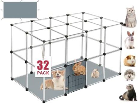 32 Panels Small Animal Playpen, 48" x 32" x 24" Transparent Playpen with Waterproof Mat,Plastic Enclosure,Puppy Play Pen for Chicken,Pet Fence for Guinea Pigs,Bunny,Ferrets,Hamsters,Hedgehogs Indoor