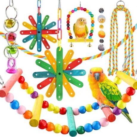 8 pcs Bird Toys for Parakeets with Colorful Ladder Hammock Bird Cage Accessories Bird Perch Stand Chewing Toys Hanging Bell Parrot