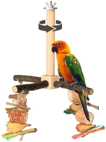 Agape Rotating Parrot Perch Toy with Chew Toy, Natural Wooden Perch Stand for Small & Medium Birds, Bird Cage Accessory with Exercise Wheel for Parakeets Cockatiels Lovebirds Conures Finches Budgies