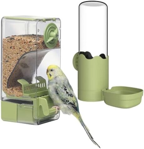 Bird Feeder Water Dispenser Set, Automatic Cage Feeder with Perch for Seed Parakeet Canary Cockatiel Finch Budgies Cage Accessories (Green)
