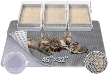 BurgeonNest 45"x32" Extra Large Cat Litter Mat, Honeycomb Double Layer Kitty Litter Trapping Mat, Urine Proof & Waterproof, Easy Clean, Machine Washable, Non-Slip, Scatter Control-Grey