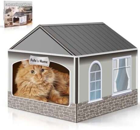 Cardboard Cat House & Scratcher with Catnip - Easy No-Tool Assembly Kitten Playhouse, 13.5x14.5x13 Inch Fun Indoor Cat Scratcher House for Small Cats