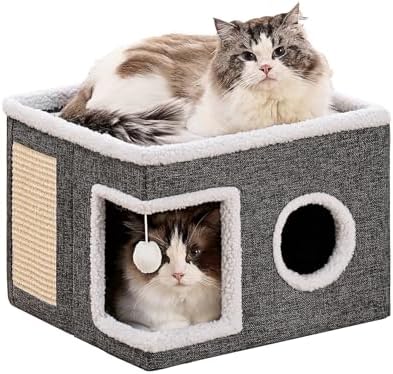 Cat Beds for Indoor Cats, Large Cat Cave with Fluffy Ball and Scratch Pad, Foldable Cat Scratch House with Hideaway Condo for Kitten,16x16x13inch,Grey