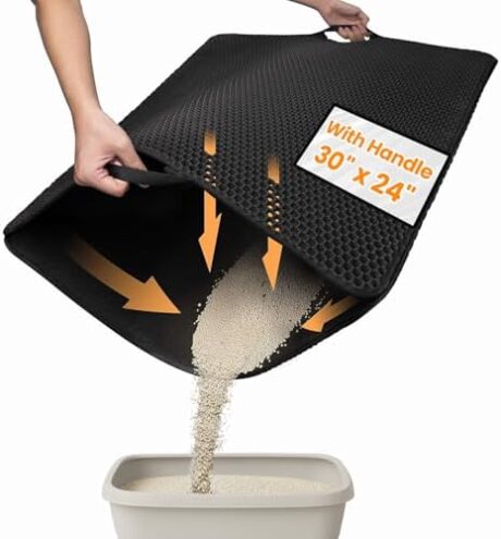 Cat Litter Box Mat for Multi-Cat Homes, 30"x24" XXL Waterproof Litter Trapper with Handles & 30% Wider Hex Grid, Double-Layer EVA Kitty Mat, Non-Slip Floor Protector, Black