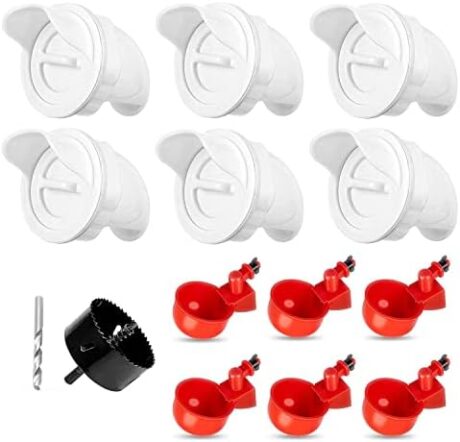 Chicken Feeder Waterproof and Chicken Waterer Cup, 6pcs No Waste Chicken Feeder for Buckets,Barrels,Bins, and 6pcs Chicken Water Cups for Chickens, Birds, Turkeys etc