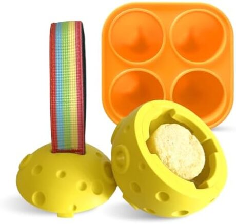 Dog Chew Toys,Treat Tray for Frozen Dog Food,Long-Lasting Durable Fillable Dog Treat Dispensing Dog Toy,Freezable Fillable Rubber Dog Toys with Silicone Treat Tray (Yellow&Treat Mold)