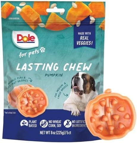 Dole for Pets Freshly Fetched Lasting Chew, Pumpkin Flavor Dog Treats, 8oz, 5ct | Flavored with Real Veggies, No Wheat, Corn, Soy, Artificial Flavors, Colors, Preservatives, or Animal Products