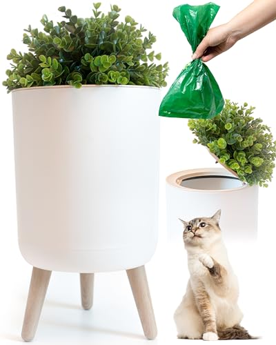 Earth & Mango Cat Litter Trash Can - Cat Poop Trash Can - with Plant Styled Lid - 1.8 Gallon - White - Throw Away Your Cat Litter Discreetly