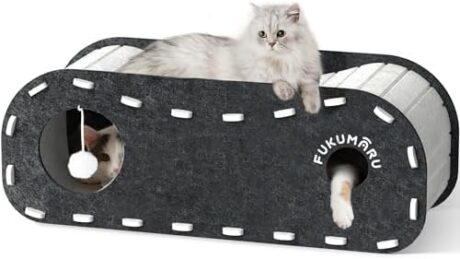 FUKUMARU Cat Beds for Indoor Pets, 31.5 Inches Extra-Large Cat Cave for Multi-Pet, Cozy House with Fluffy Ball Hanging, Scratch Resistant Felt Kitten Hideaway Bed, Feline Tunnel, Grey