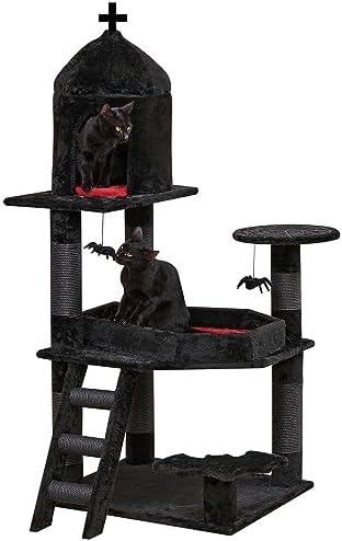 Gothic Cat Tree with Coffin Bed，55" Cat Tower with Spacious Cat Condo，Scratching Posts，Spider Hanging Ball，Multi-Level Cat Activities Furniture for Large Cats, Black Halloween
