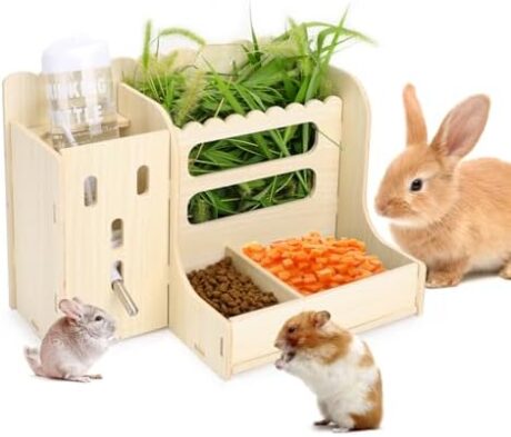 Guinea Pig Feeder, Guinea Pig Hay Feeders with Water Bottles, Hay Holders and Food Dividers, Wooden Hamster Hay Feeder for Bunny, Guinea Pig, Chinchilla