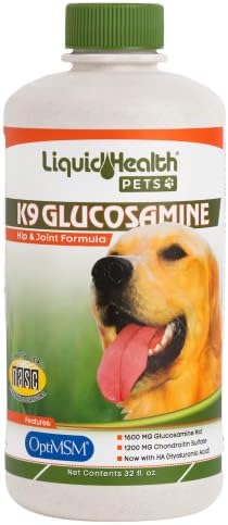 LIQUIDHEALTH Pets K9 Liquid Glucosamine for Dogs, Puppies, Senior Canines with Chondroitin, MSM, Hyaluronic Acid - Dog Vitamins for Hip & Joint Health, Dog Joint Oil, Joint Juice - Made in USA (32 oz)