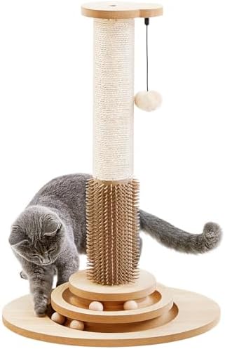 Made4Pets Cat Scratching Post, 23" Tall Sisal Cat Scratcher Post with Self Groomer, 4-in-1 Interactive Trackball Toys with Hair Brush, Vertical Cat Climbing Tree with Dangling Plush Balls