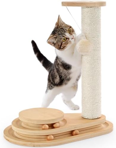 Made4Pets Cat Scratching Post Cat Scratcher Kitten Toys for Indoor Cats Wooden Ball Track Two-Layer Modern Sisal 17.7" Tall Scratch Post Interactive Toy with Dangling Ball
