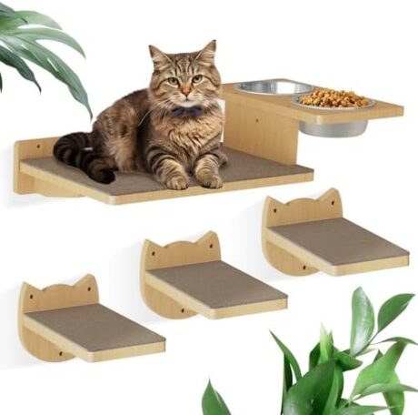 MeowHomm Cat Wall Shelves, Wood Wall Furniture with 3 Steps, Cat Feeding Shelf with 2 Food Bowls, Wooden Bed Furniture Wall Mounted