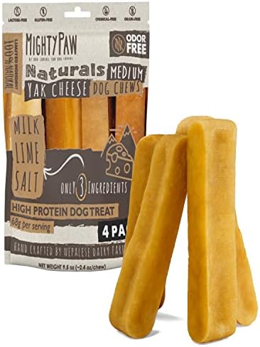 Mighty Paw Yak Cheese Chews for Dogs - All-Natural Long Lasting Pet Treats - Odorless Limited-Ingredient Chews for Puppies & Power-Chewers (Medium, 4 Pack)