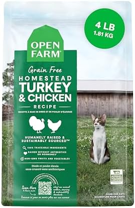 Open Farm, Grain Free Dry Cat Food, High-Protein Kibble for a Complete & Balanced Diet, Non-GMO Fruits & Vegetables, Prebiotic Fibers to Support Digestion, Homestead Turkey & Chicken Recipe, 4lb Bag