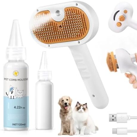 Pet Steam Brush for Dog & Cat – 3-in-1 Spray Hair Removal Comb – Steam for Shedding & Grooming – Water Brush for Long & Short Haired Pets – Spritz Defur Comb – Includes Waterless Shampoo