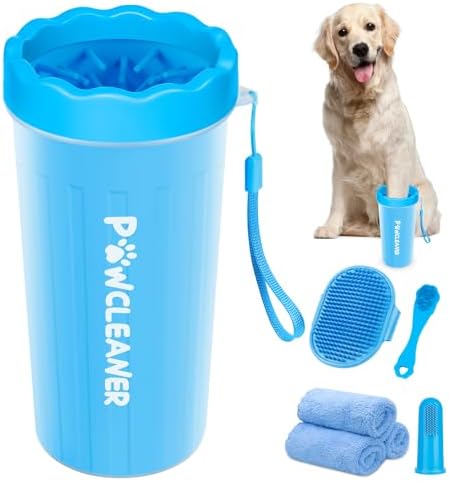 Professional 7 in 1 Dog Paw Cleaner for Dogs & Cats - Includes 1 Portable Paw Washer, 1 Bath Brush, 2 Dog Toothbrushes and 3 Absorbent Towels Note: Fits Paws 2.5 to 3.5 Inches Wide (Large, Blue)