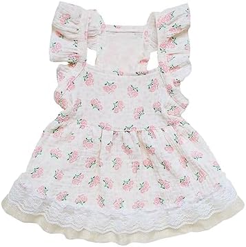 QWINEE Cute Flower Pattern Dog Dress Ruffle Trim Princess Dress Cat Vest Dress Lace Trim Summer Dress Pet Clothes for Small Medium Cats Dogs Kitten Puppy Pink A M