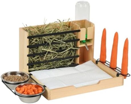 Rabbit Hay Feeder, 4 in 1 Wood Guinea Pig Hay Feeder Bunny Hay Holder with Litter Box 500ml Water Bottle 2 Food Bowl Small Animals Stuff for Cages for Chinchillas Hamster Dwarf Rabbit Ferrets