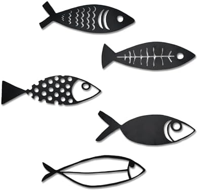 Rajukit 5 Pcs Metal Fish Nautical Beach Wall Decor Hanging Wall Sculpture Decor Lake House Ocean Decor Vintage Fish Ornaments for Home Bathroom Bedroom Kid's Room