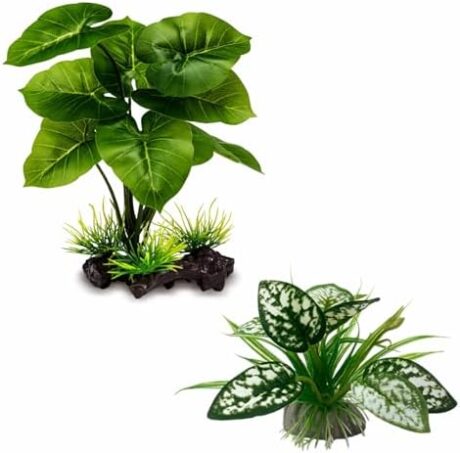 Reptile Artificial Plants, Terrarium Plants Decorations Supplies, Aquarium Fish Tank Plant, Amphibian Habitat Hideout Tank Accessories (M Set-2pcs/D)