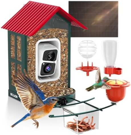 SOLIOM Solar Bird Feeder with Camera for Outdoors - Durable Metal AI Smart Birdhouse, 2K Live View & Instant Alerts, Squirrel Proof - Ideal Bird Watching Gift (Red)
