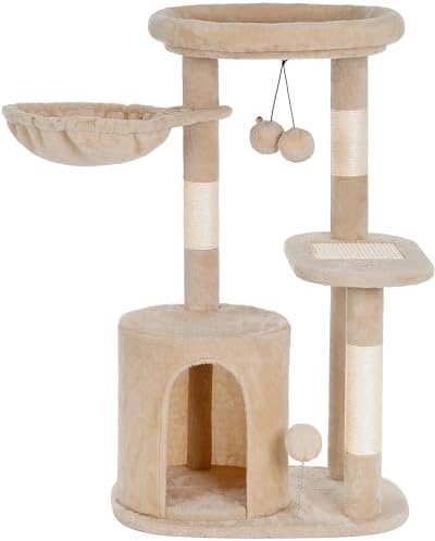Small Cat Tree Tower for Indoor with Cat Condo and Deep Hammock, Cat Tower with Nature Sisal Scratching Post & Hanging Balls for Kittens - Beige