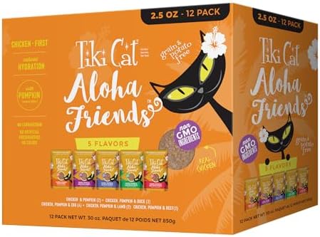 Tiki Cat Aloha Friends Variety Pack, Meaty Flavors Mixed with Pumpkin, Wet, High-Protein & High-Moisture Cat Food, For All Life Stages, 2.5 oz. Pouch (Pack of 12)