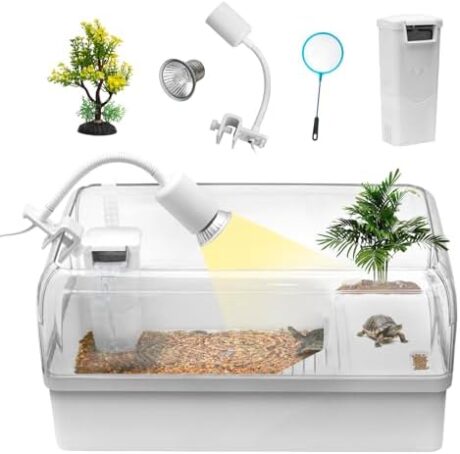 Turtle Tank Acrylic Habitat Kit with Silent Filter & Bottom Drain,UVB Basking Platform Light,Multi-Zone Aquatic Tortoise Enclosure with Hideout,Feeding Area,Plant,Net & Accessories for Baby