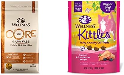 Wellness CORE Grain Free Dry Cat Food, Original Recipe, Turkey, 5 Pound Bag Bundle Kittles Natural Grain Free Cat Treats (Chicken, 2 oz)